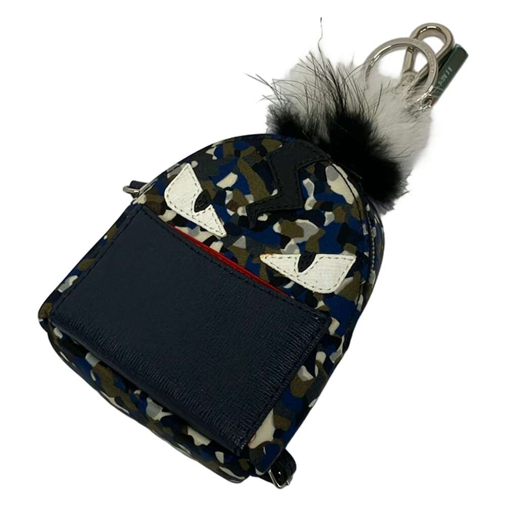 Fendi Bag Bugs Bag Charm 7AR432 White Navy Multi Nylon Leather Fur Hardware